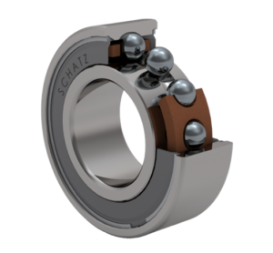 Cutaway view of a ball bearing assembly.