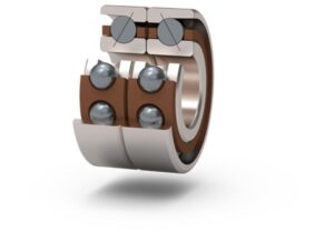 Double row angular contact bearing showing opposite angle mounting to support load bearing in both directions